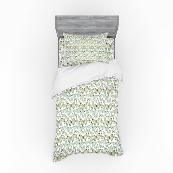 Ambesonne Butterfly Bedding Set 3 Pcs, Detailed Watercolor Art, Twin, White Pale Green and Brown