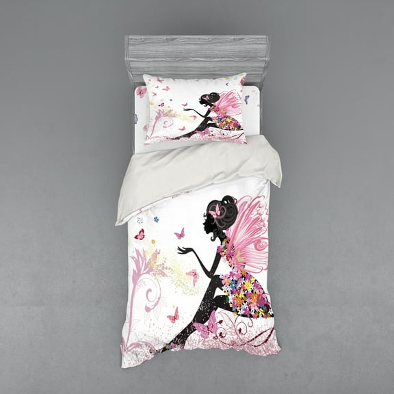 Ambesonne Butterfly Bedding Set 3 Pcs, Fantasy Girl in Flowers, Twin, Multicolor