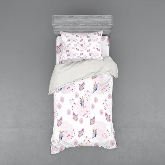Ambesonne Butterfly Bedding Set 3 Pcs, Romantic Spring Retro, Twin, Pink White