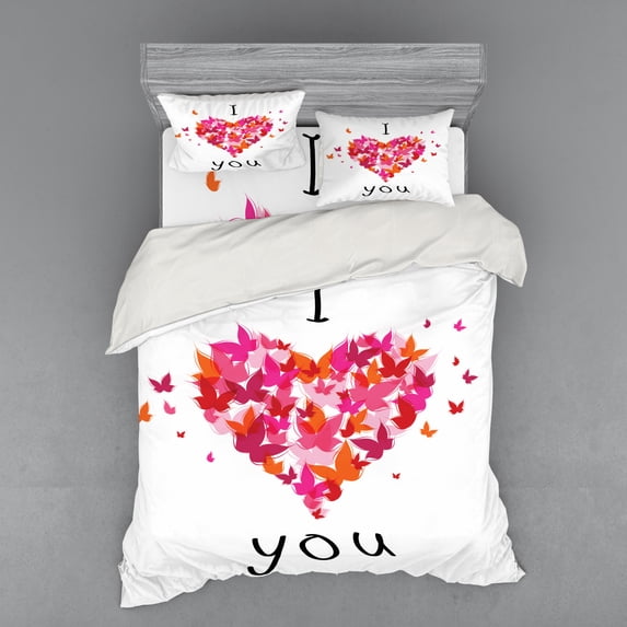 Ambesonne Butterfly Bedding Set 4 Pcs, Heart Love, Queen, Multicolor