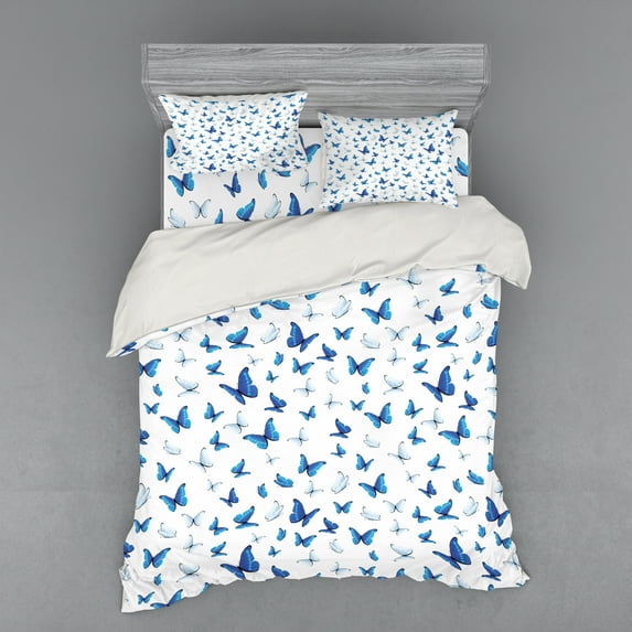 Ambesonne Butterfly Bedding Set 4 Pcs, Rainforest Wilderness, Queen, Blue White Black