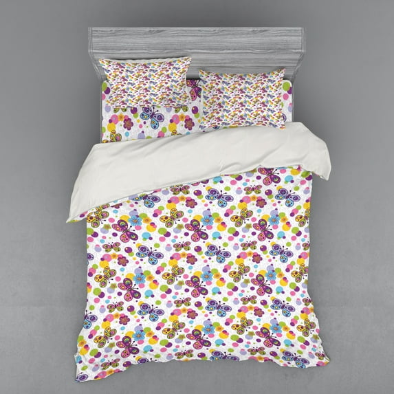 Ambesonne Butterfly Bedding Set 4 Pcs, Vibrant Flora Dots, Queen, Multicolor