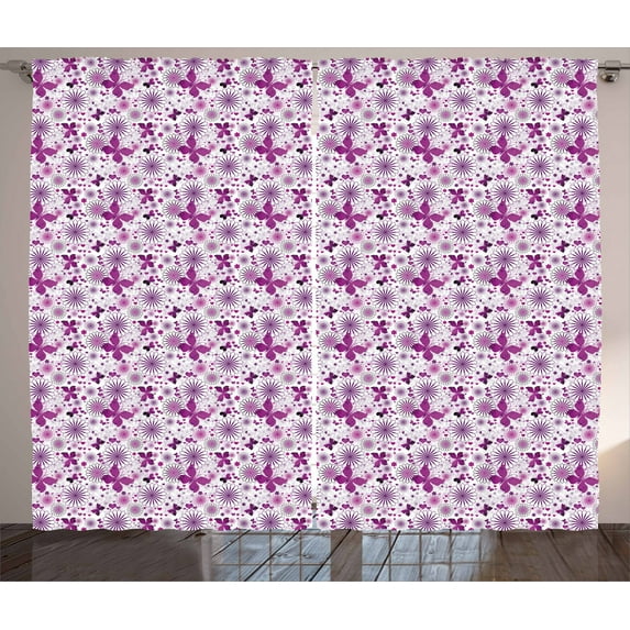Ambesonne Butterfly Curtains 2 Panel Set, Purple Color Fauna, 108" x 84", Purple White
