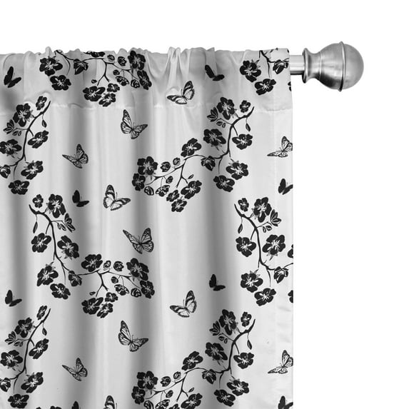 Ambesonne Butterfly Curtains, Japanese Monochrome, Pair of 28"x84", Black White