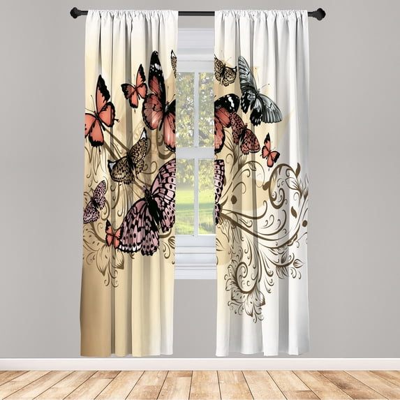 Ambesonne Butterfly Curtains, Monarch Butterfly Pattern, Pair of 28"x63", Camel Ivory