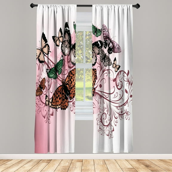 Ambesonne Butterfly Curtains, Monarch Butterfly Pattern, Pair of 28"x63", Dark Rust