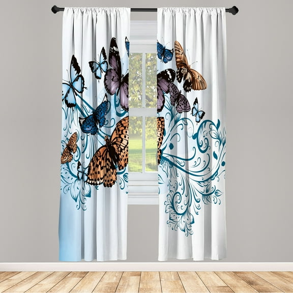 Ambesonne Butterfly Curtains, Monarch Butterfly Pattern, Pair of 28"x63", Petrol Blue
