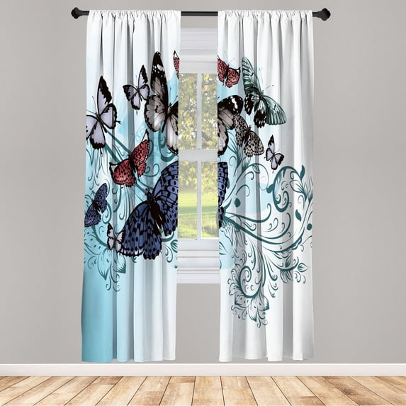 Ambesonne Butterfly Curtains, Monarch Butterfly Pattern, Pair of 28"x95", Aqua Ivory