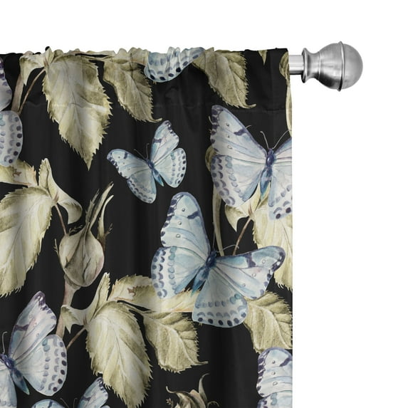Ambesonne Butterfly Curtains, Moths and Rose Blooms, Pair of 28"x95", Blue Grey Khaki Black