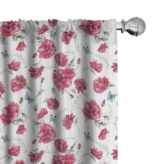 Ambesonne Butterfly Curtains, Poppy Flora Blossoms, Pair of 28"x95", Pink Reseda Green Blue