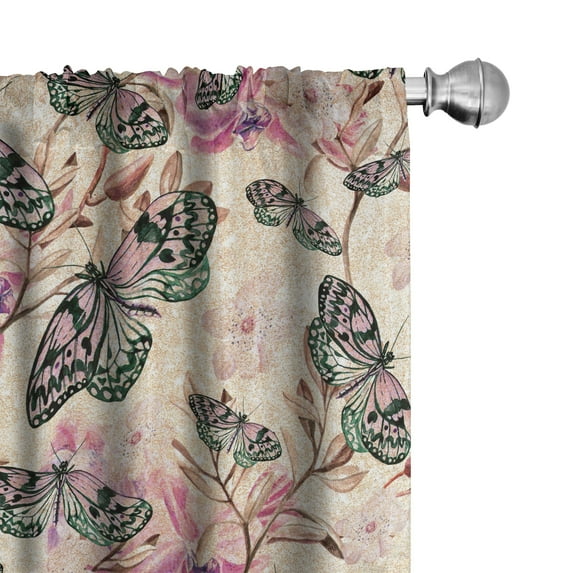 Ambesonne Butterfly Curtains, Romantic Petals Retro, Pair of 28"x63", Beige Pale Purple Emerald