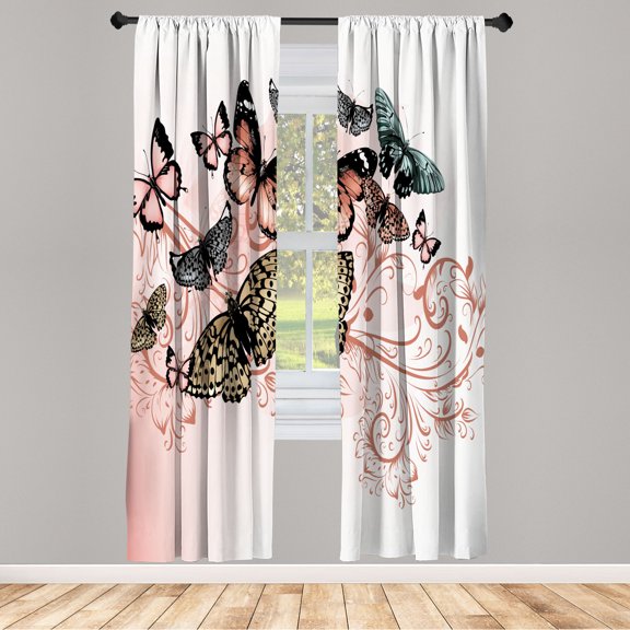 Ambesonne Butterfly Curtains, Vintage Monarch Damask, Pair of 28"x63", Blush Khaki