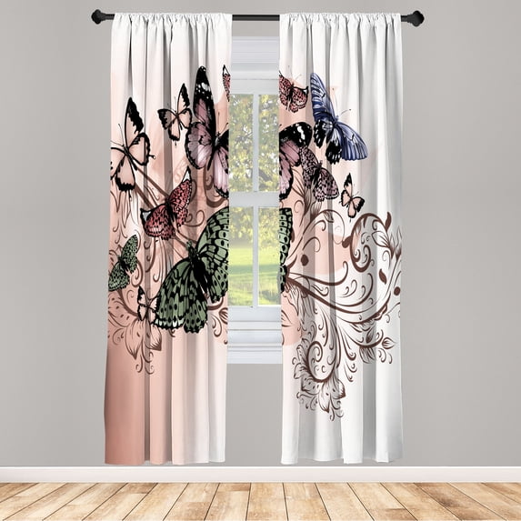 Ambesonne Butterfly Curtains, Vintage Monarch Damask, Pair of 28"x63", Blush Lilac