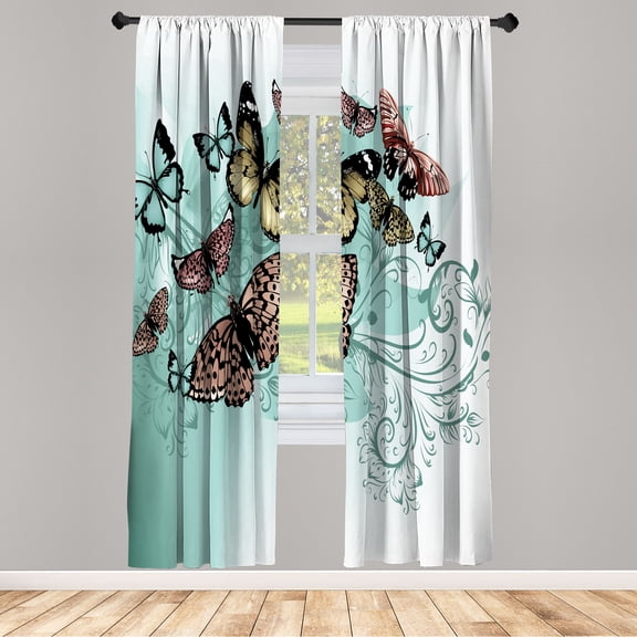 Ambesonne Butterfly Curtains, Vintage Monarch Damask, Pair of 28"x63", Khaki White
