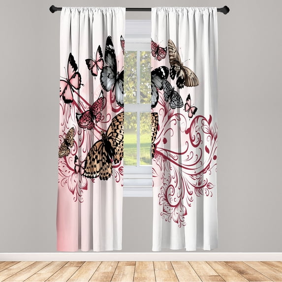 Ambesonne Butterfly Curtains, Vintage Monarch Damask, Pair of 28"x63", Pale Ruby