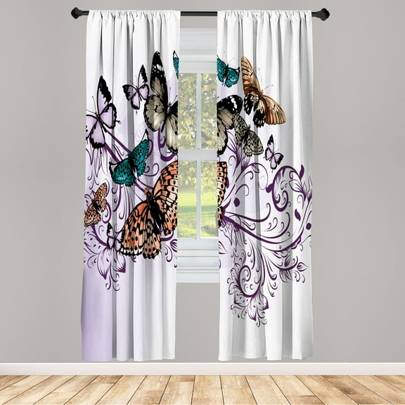 Ambesonne Butterfly Curtains, Vintage Monarch Damask, Pair of 28"x63", Plum White