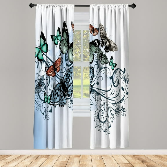Ambesonne Butterfly Curtains, Vintage Monarch Damask, Pair of 28"x63", Sea Green