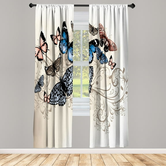 Ambesonne Butterfly Curtains, Vintage Monarch Damask, Pair of 28"x63", Sepia Rose