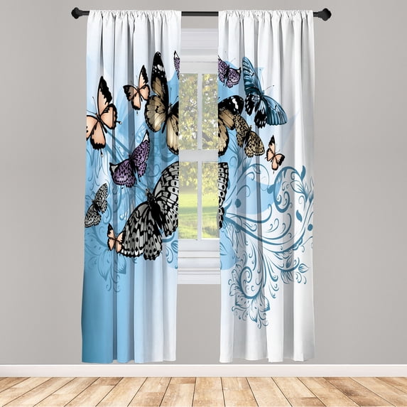 Ambesonne Butterfly Curtains, Vintage Monarch Damask, Pair of 28"x84", Almond