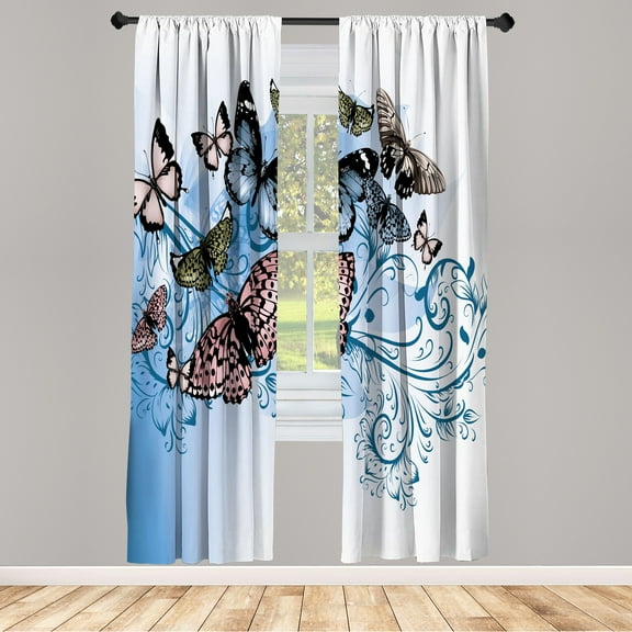 Ambesonne Butterfly Curtains, Vintage Monarch Damask, Pair of 28"x84", Dark Sky Blue