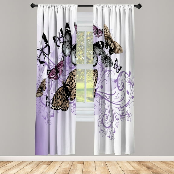 Ambesonne Butterfly Curtains, Vintage Monarch Damask, Pair of 28"x84", Dimgray Black