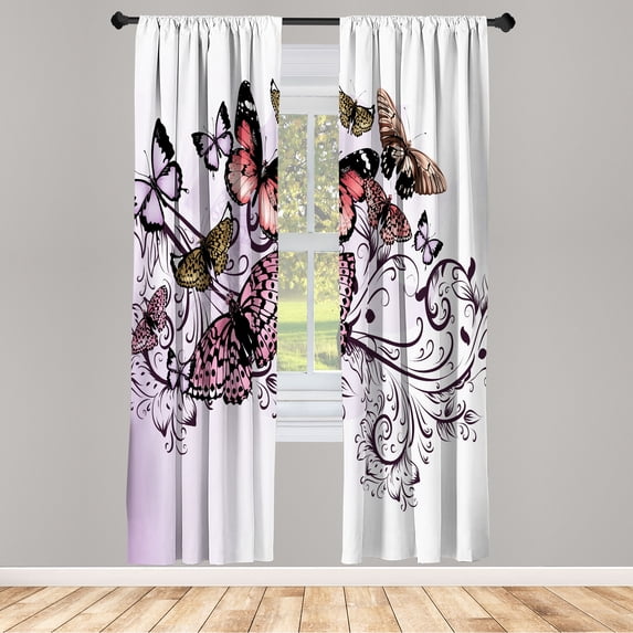 Ambesonne Butterfly Curtains, Vintage Monarch Damask, Pair of 28"x84", Lavender Blue
