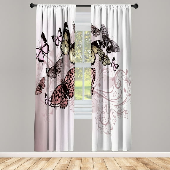 Ambesonne Butterfly Curtains, Vintage Monarch Damask, Pair of 28"x84", Pale Salmon