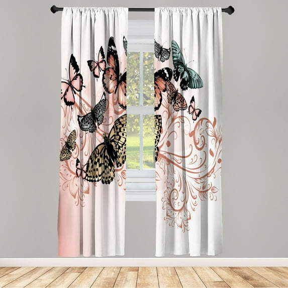 Ambesonne Butterfly Curtains, Vintage Monarch Damask, Pair of 28"x95", Blush Khaki