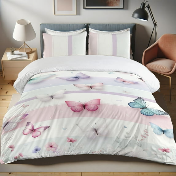 Ambesonne Butterfly Duvet Cover Set, Butterflies Pastel Tones, Twin, Rose Lilac and Mint Green