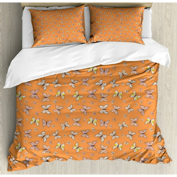 Ambesonne Butterfly Duvet Cover Set, Papillon Cartoon, 2-Calking, Apricot Pale Pink