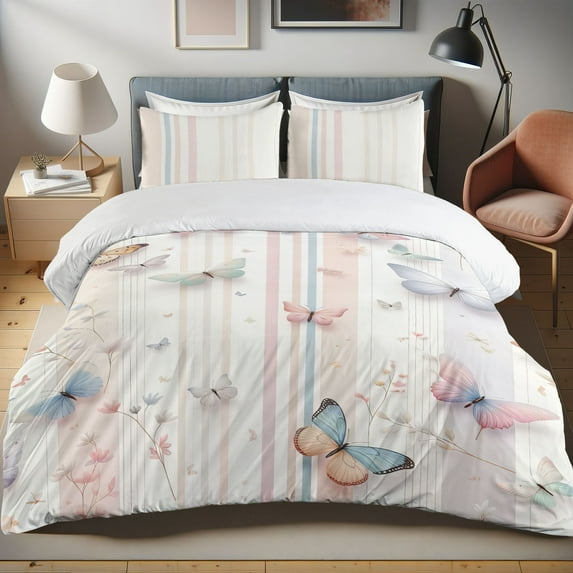 Ambesonne Butterfly Duvet Cover Set, Pastel Tone Wings Stripes, Queen, Blush Peach Pale Grey