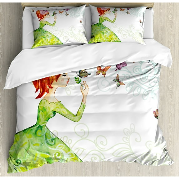 Ambesonne Butterfly Duvet Cover Sets, Cartoon Lady Pastel, 2-Queen, Pink Orange Green