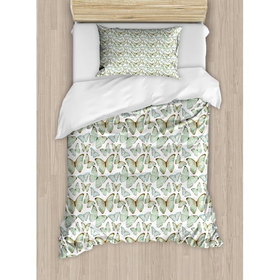 Ambesonne Butterfly Duvet Cover Sets, Detailed Watercolor Art, 2-Twin, White Pale Green and Brown