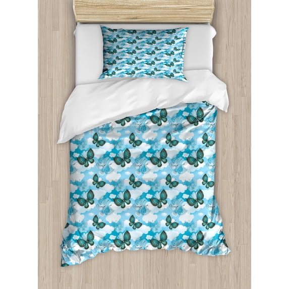 Ambesonne Butterfly Duvet Cover Sets, Floral Ornamental Moths, 2-Twin, Sky Blue Dark Teal