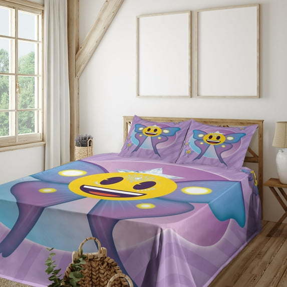 Ambesonne Butterfly Emoji Fitted & Top Sheet Set with Shams, Dreamy Wings Funny, Lilac Blue and Mustard