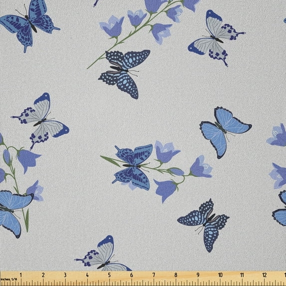 Ambesonne Butterfly Fabric by the Yard Microfiber, Bluebell Flowers Moths, 5 Yards, Pearl Multicolor