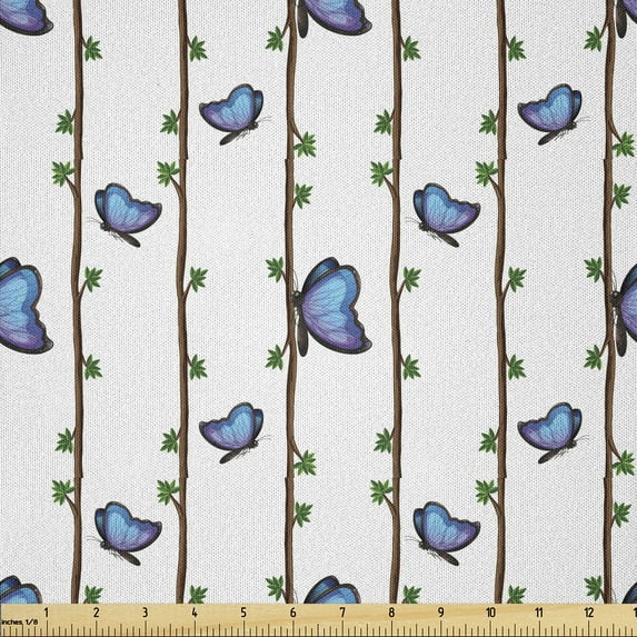 Ambesonne Butterfly Fabric by the Yard Microfiber, Branches Green Leaves, 3 Yards, Blue Brown and Green