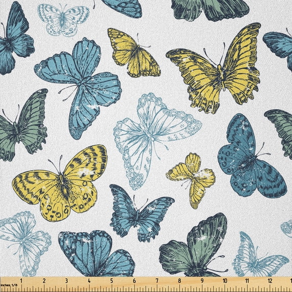 Ambesonne Butterfly Fabric by the Yard Microfiber, Delicate Insect Spring, 3 Yards, Cadet Blue Yellow White