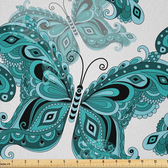 Ambesonne Butterfly Fabric by the Yard Microfiber, Ornamental Animal Pattern, 1 Yard, Pale Blue Black Teal