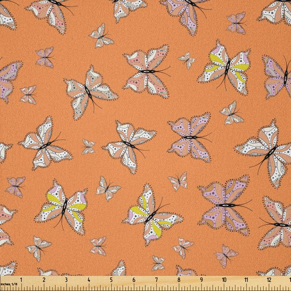 Ambesonne Butterfly Fabric by the Yard Microfiber, Papillon Cartoon, 2 Yards, Apricot Pale Pink