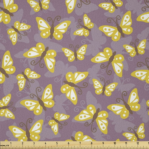 Ambesonne Butterfly Fabric by the Yard Microfiber, Romantic Springtime, 3 Yards, Mauve Yellow Brown
