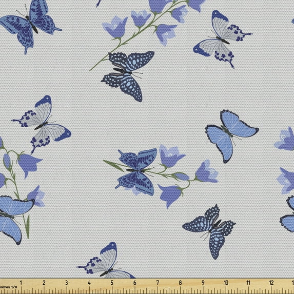 Ambesonne Butterfly Fabric by the Yard Upholstery, Bluebell Flowers Moths, 3 Yards, Pearl Multicolor