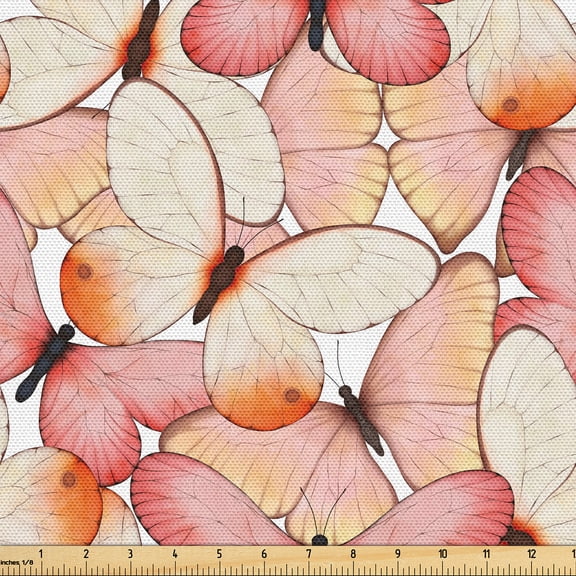 Ambesonne Butterfly Fabric by the Yard Upholstery, Butterfly Abstract Pastel, 2 Yards, Pale Pink and Pale Peach