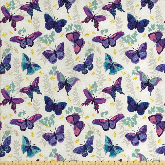 Ambesonne Butterfly Fabric by the Yard Upholstery, Colorful Ornate Garden, 5 Yards, Eggshell and Multicolor