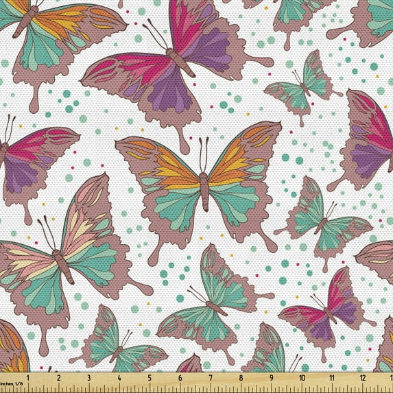 Ambesonne Butterfly Fabric by the Yard Upholstery, Colorful Wings and Dots, 3 Yards, Multicolor