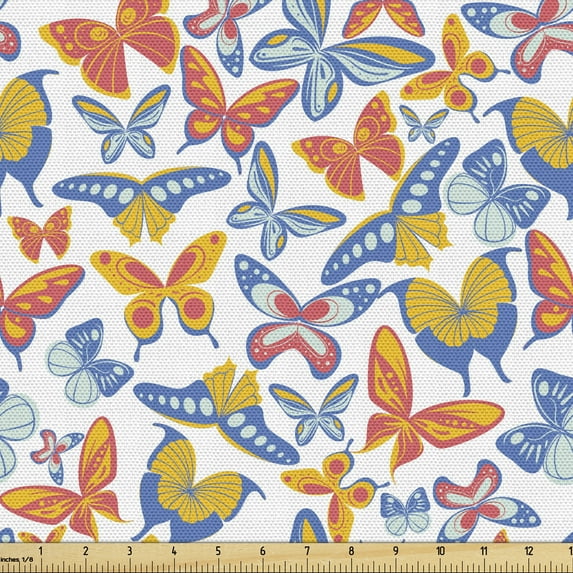 Ambesonne Butterfly Fabric by the Yard Upholstery, Flying Spring Insects, 2 Yards, Coral Yellow and Blue