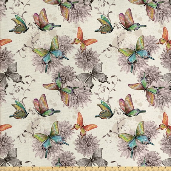 Ambesonne Butterfly Fabric by the Yard Upholstery, Soft Colored Animals, 3 Yards, Multicolor