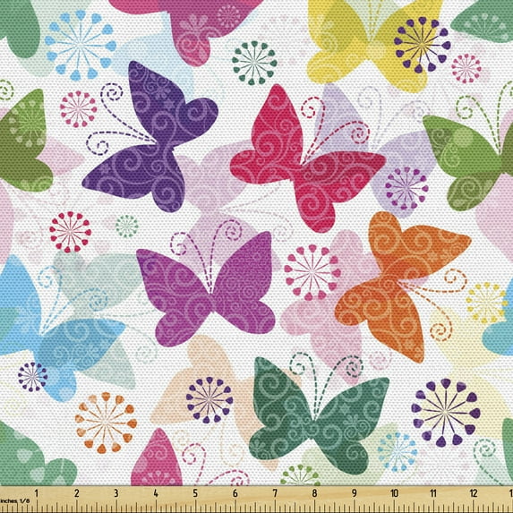 Ambesonne Butterfly Fabric by the Yard Upholstery, Vibrant Floral Happy, 1 Yard, Multicolor