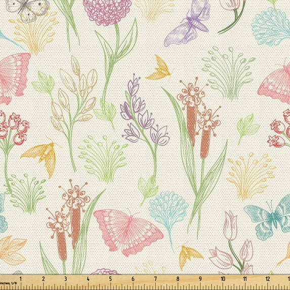 Ambesonne Butterfly Fabric by the Yard Upholstery, Wildflowers Winged Animal, 2 Yards, Pale Khaki Persian Orange
