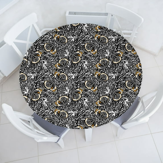 Ambesonne Butterfly Fitted Round Tablecloth, Forest Wings Animal Skin, 56"- 60" Diameter, Marigold Black and White
